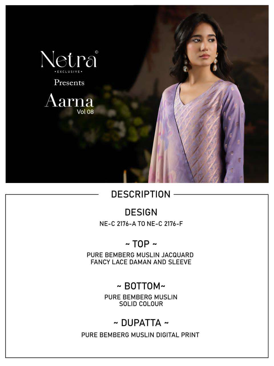 Netra Exclusive Aarna Vol 8 Pure Bemberg Muslin Jacquard Dress Material - Amrah Wholesale