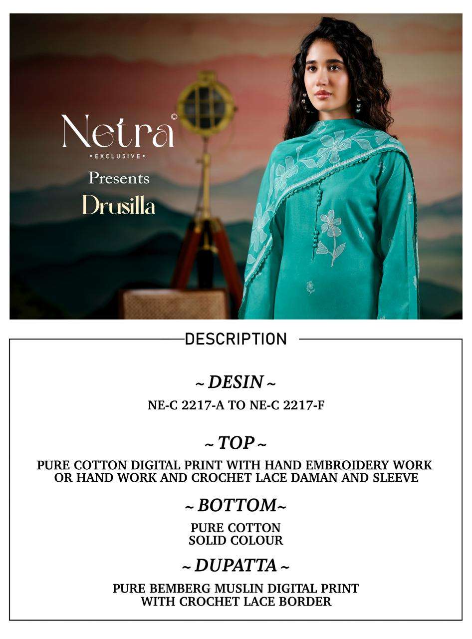 Netra Exclusive Drusilla Pure Cotton Dress Material - Amrah Wholesale