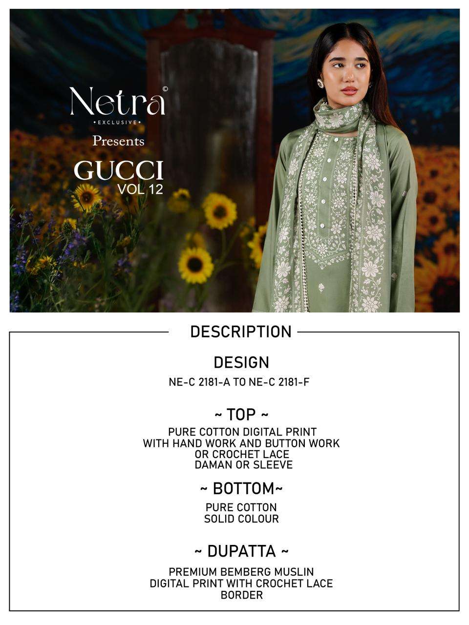 Netra Exclusive Gucci Vol 12 Premium Cotton Handwork Dress Material