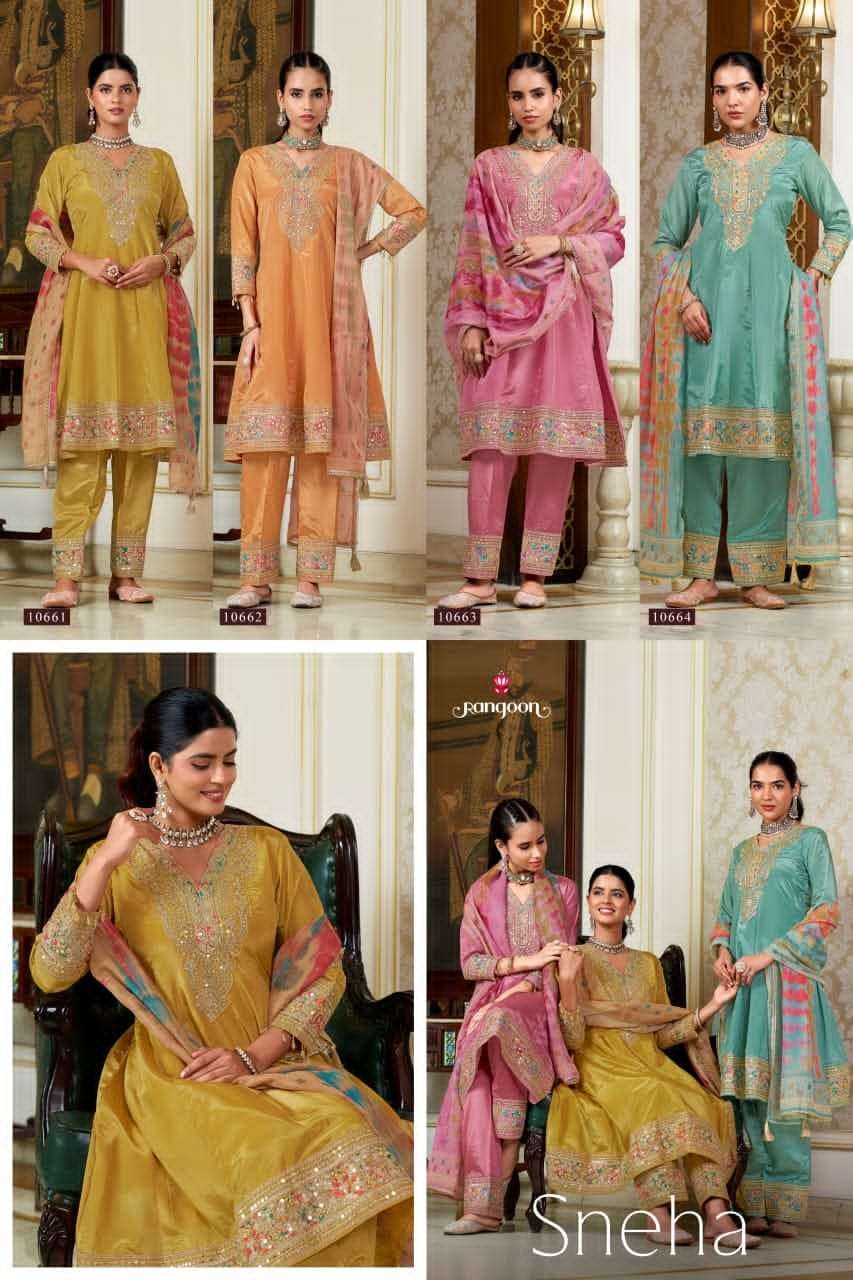 Rangoon Sneha Designer H.O. Fabric Kurti Pant Dupatta Set - Amrah Wholesale