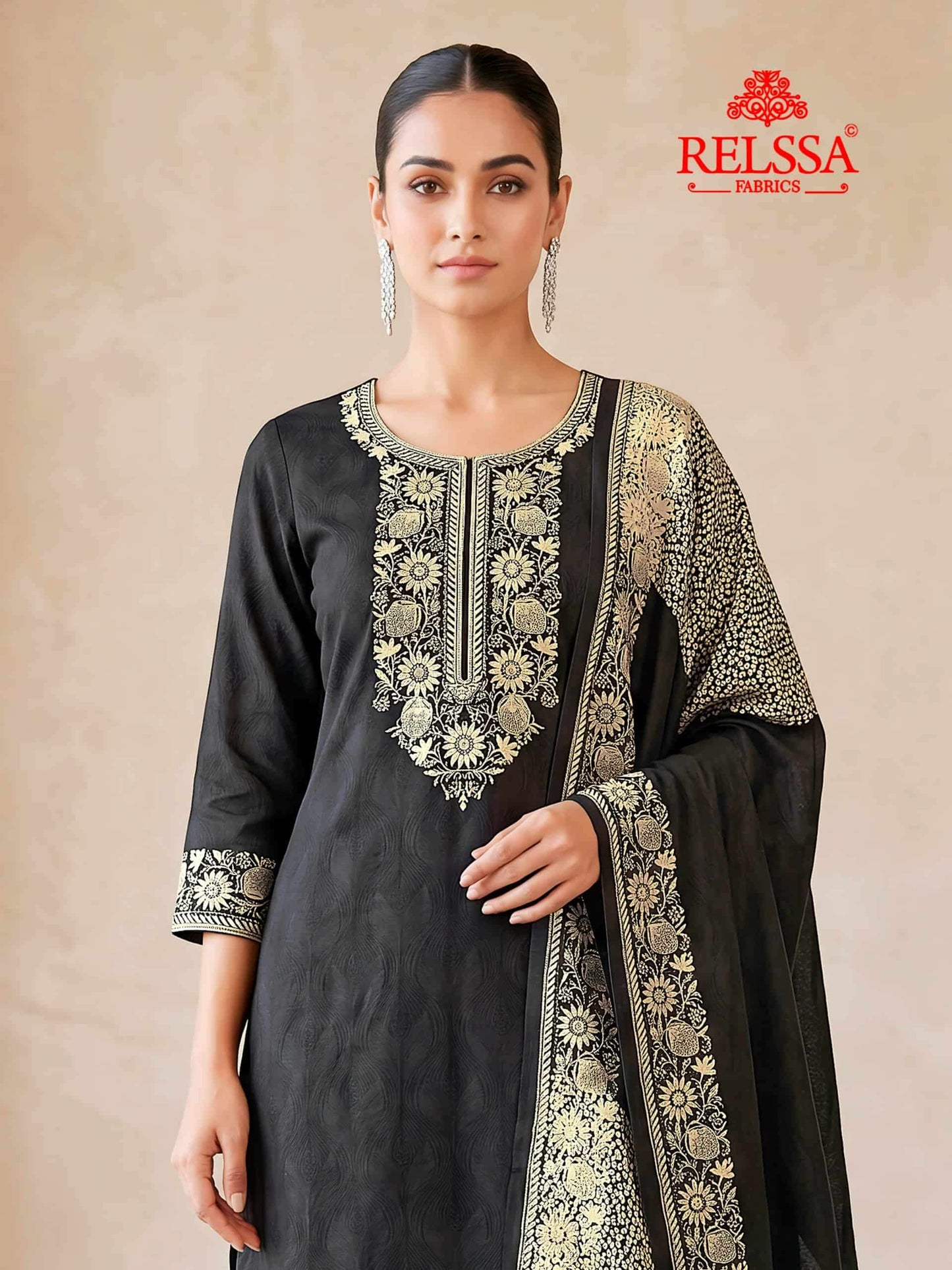 Relssa Fabrics Bandhani Premium Bemberg Muslin Embroidered Dress Material