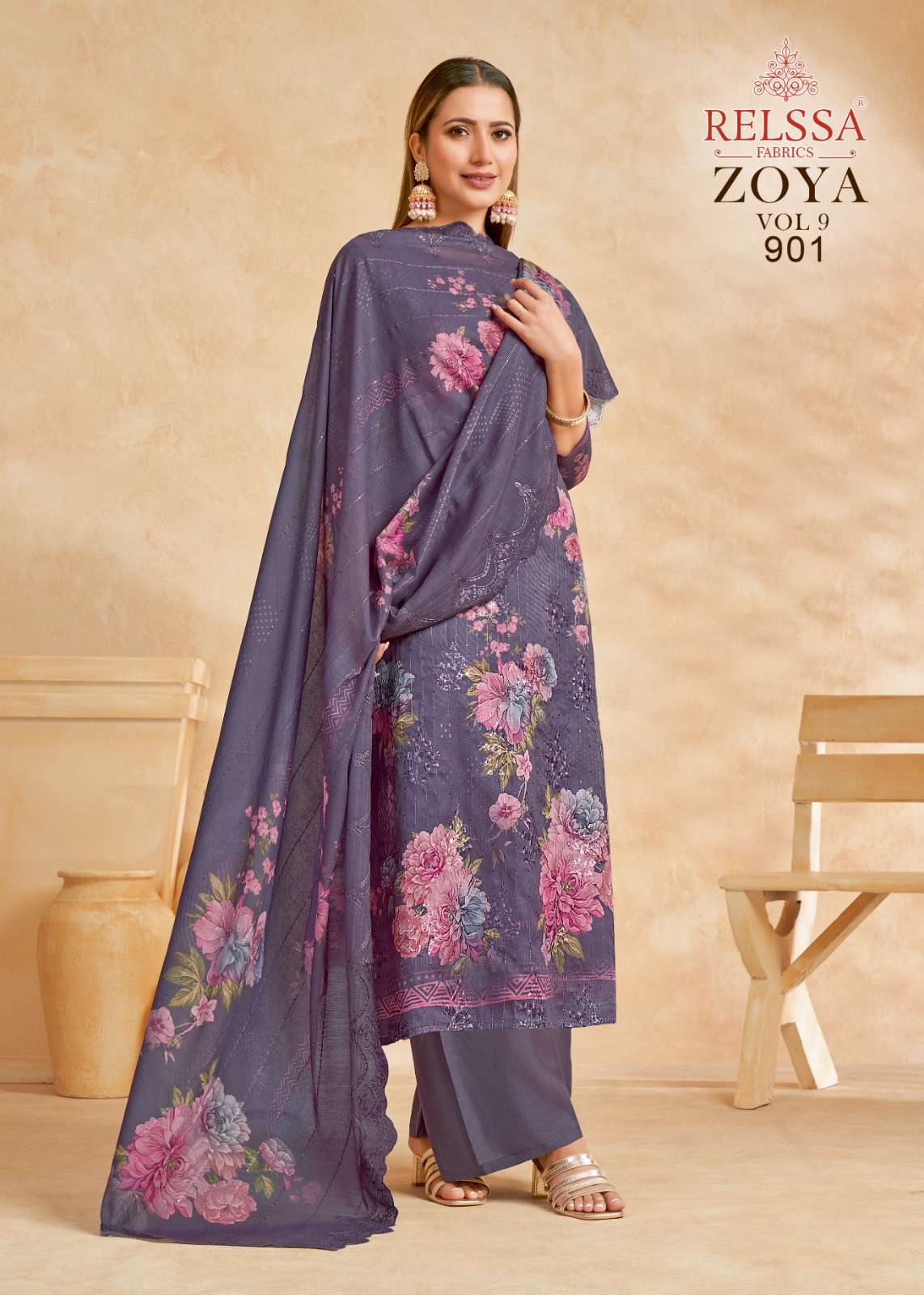 Relssa Fabrics Zoya Vol 9 Cotton Satin Sequins Embroidered Dress Material