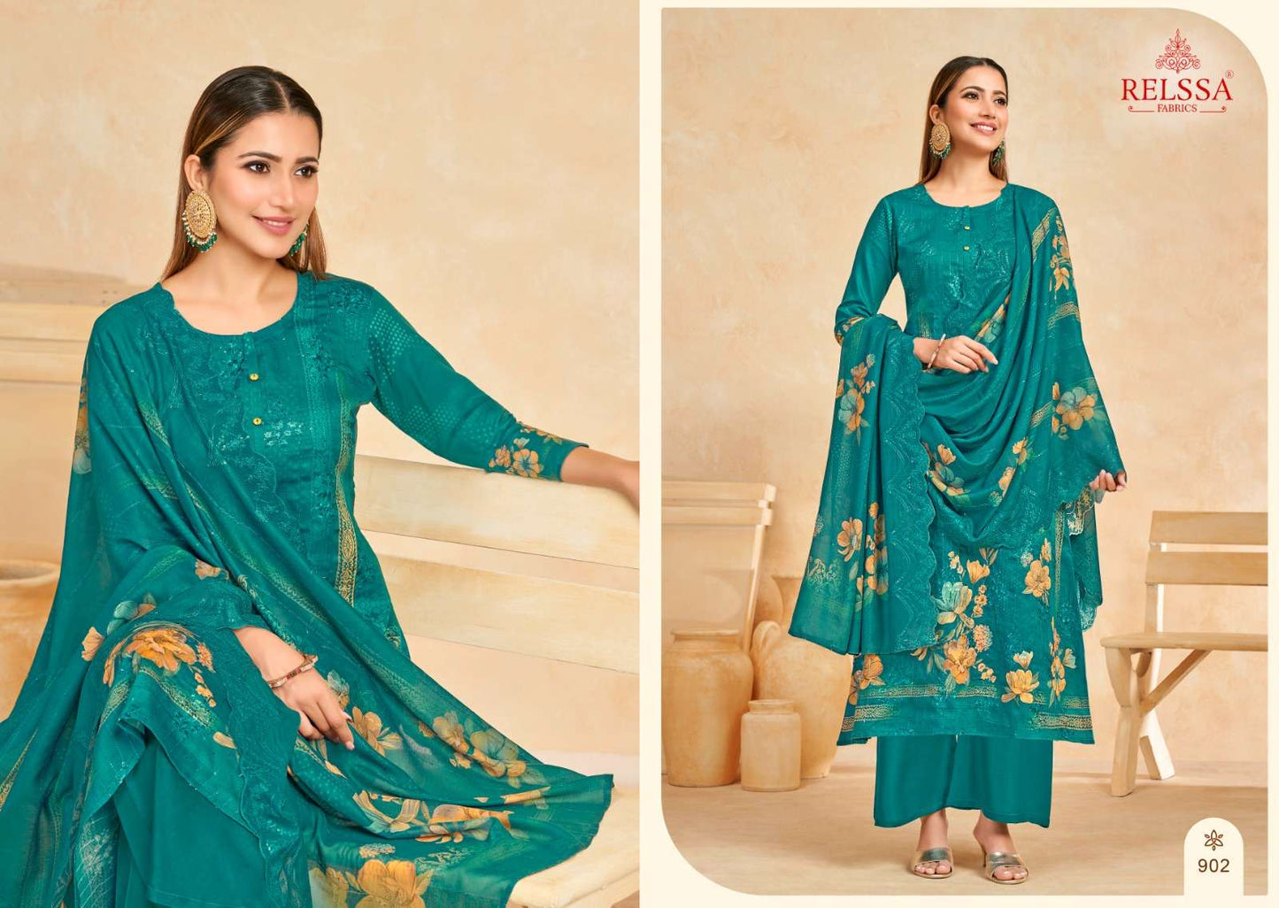 Relssa Fabrics Zoya Vol 9 Cotton Satin Sequins Embroidered Dress Material