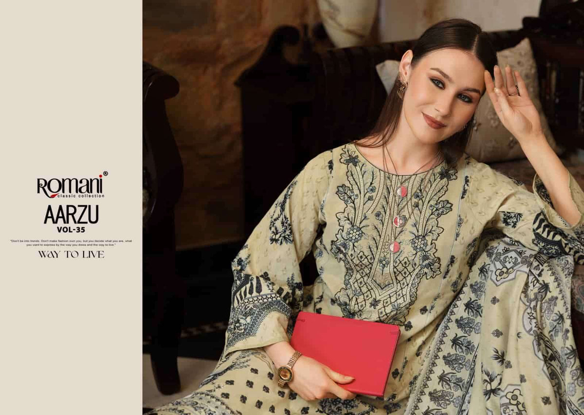 Romani Aarzu Vol 35 Soft Cotton Digital Printed Embroidered Dress Material - Amrah Wholesale