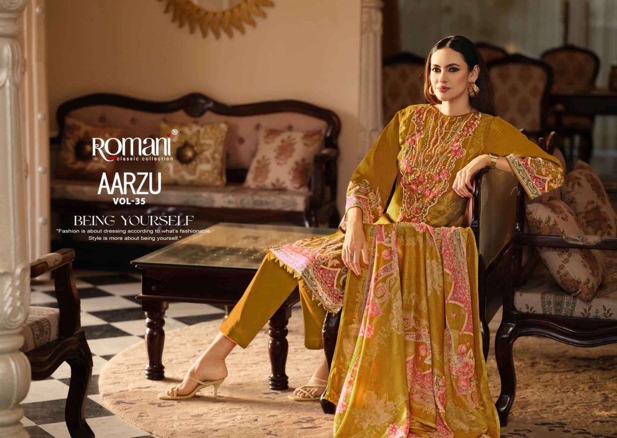 Romani Aarzu Vol 35 Soft Cotton Digital Printed Embroidered Dress Material - Amrah Wholesale