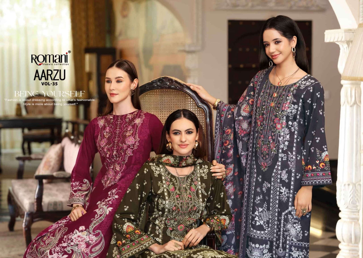 Romani Aarzu Vol 35 Soft Cotton Digital Printed Embroidered Dress Material - Amrah Wholesale