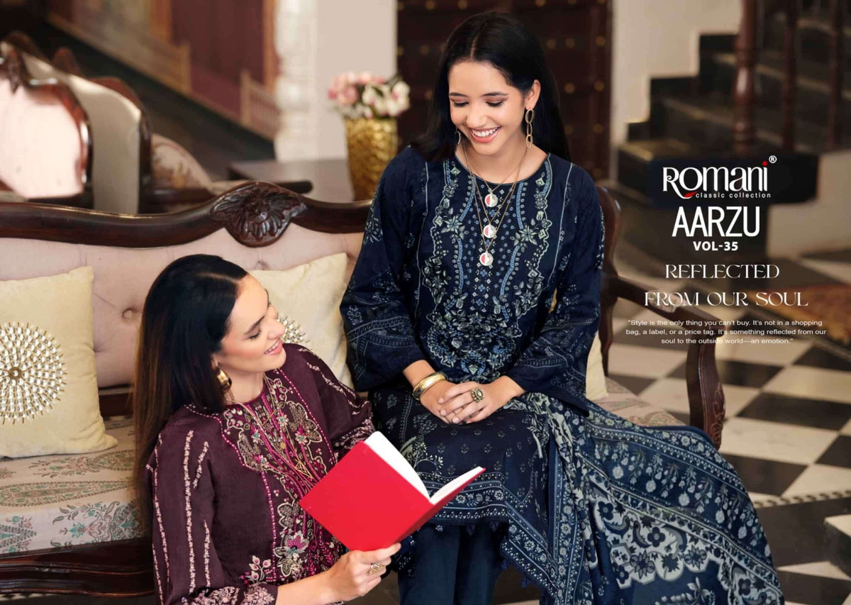 Romani Aarzu Vol 35 Soft Cotton Digital Printed Embroidered Dress Material - Amrah Wholesale
