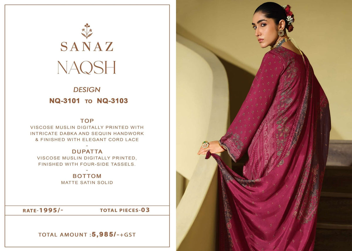 Sanaz Naqsh Viscose Muslin Designer Dress Material - Amrah Wholesale
