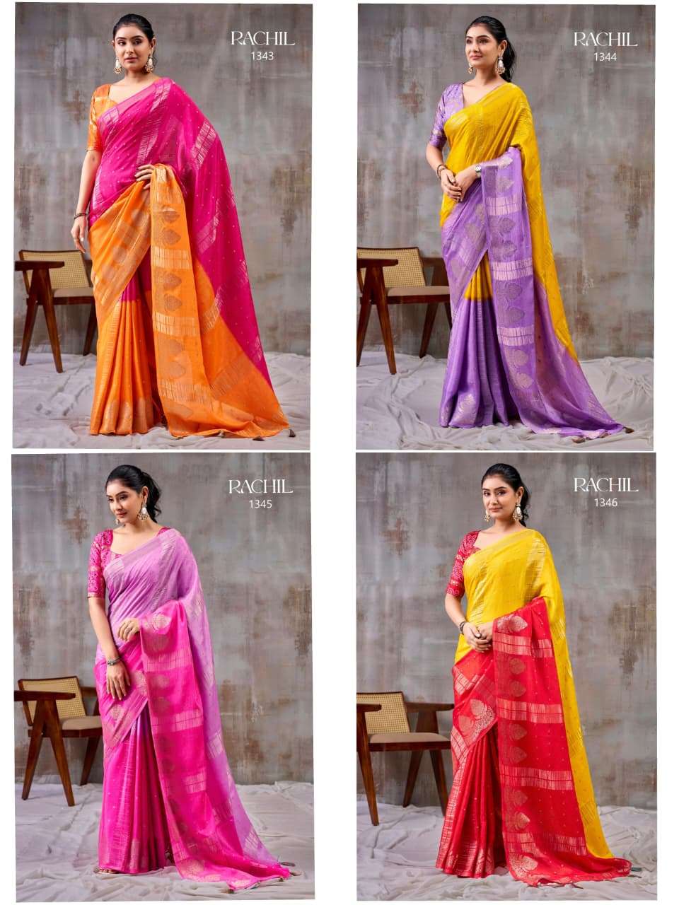 SR RACHIL 1343 - 1350 Chinon Saree Wholesale Surat India - Amrah Wholesale
