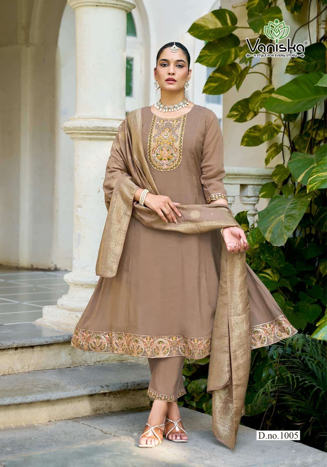 Vaniska Anarkali Vol 1 Mal Chanderi Kurti Pant Dupatta Set - Amrah Wholesale