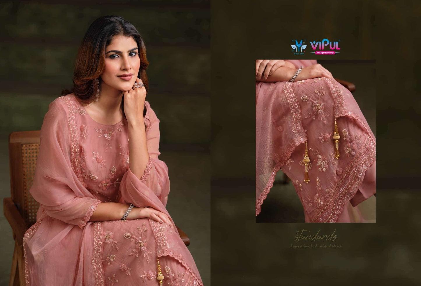 Vipul Fashion Alishaa Vol 2 Gold Crinkle Chiffon Pakistani Suit - Amrah Wholesale