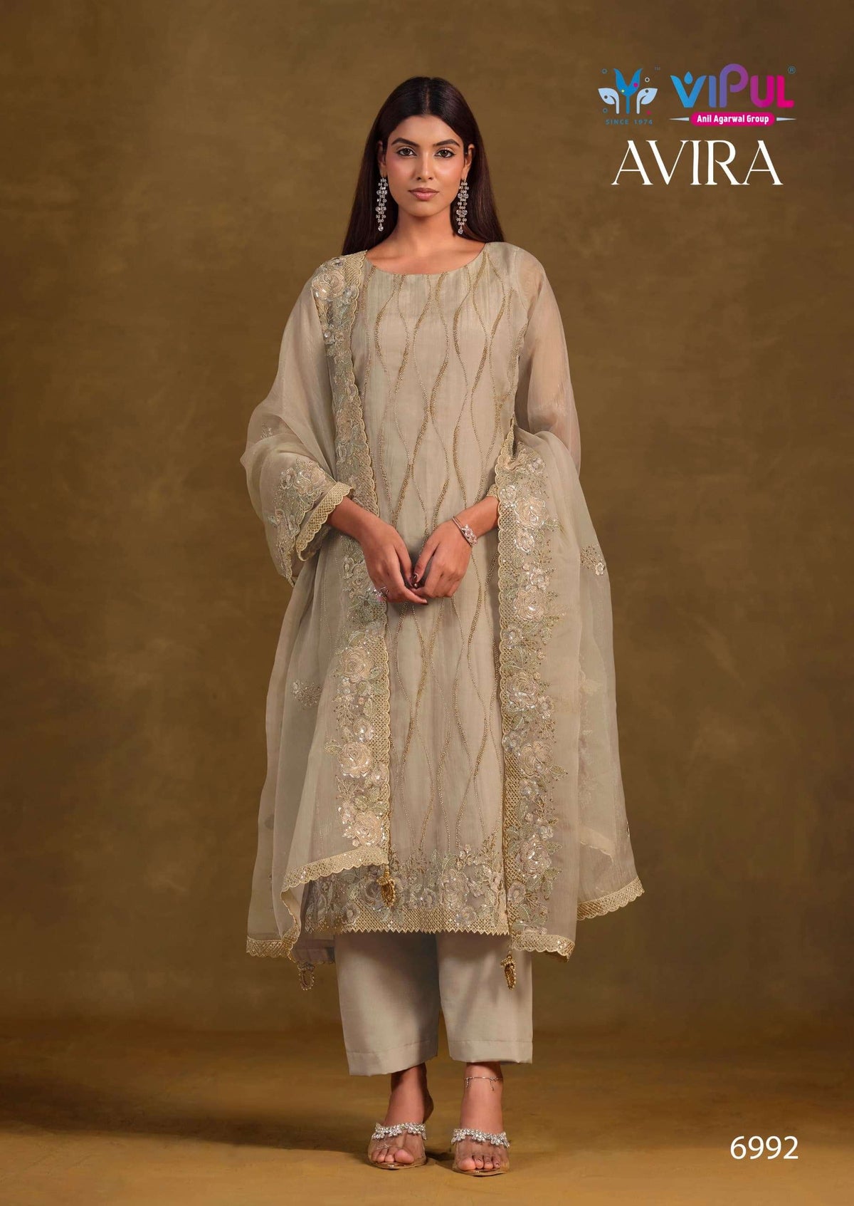 Vipul Fashion Avira Gold Crinkle Chiffon Dress Material