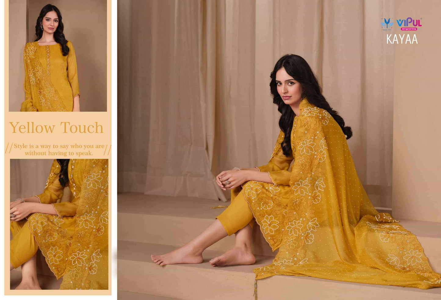 Vipul Fashion Kayaa Burberry Gold Designer Unstitched Dress Material