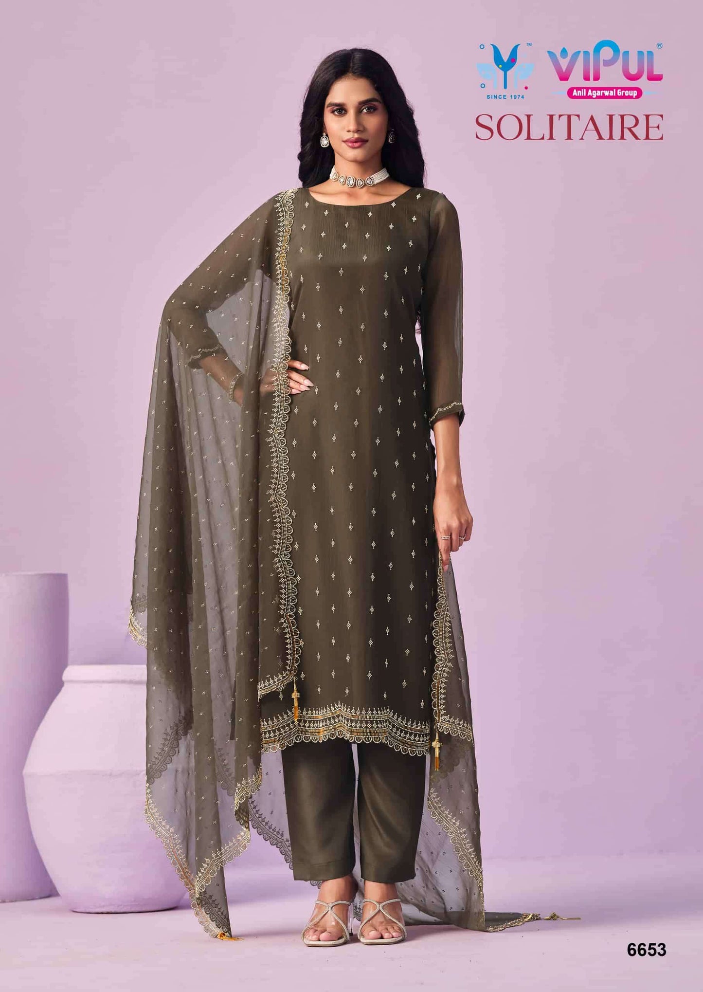 Vipul Fashion Solitaire Gold Crinkle Chiffon Designer Dress Material