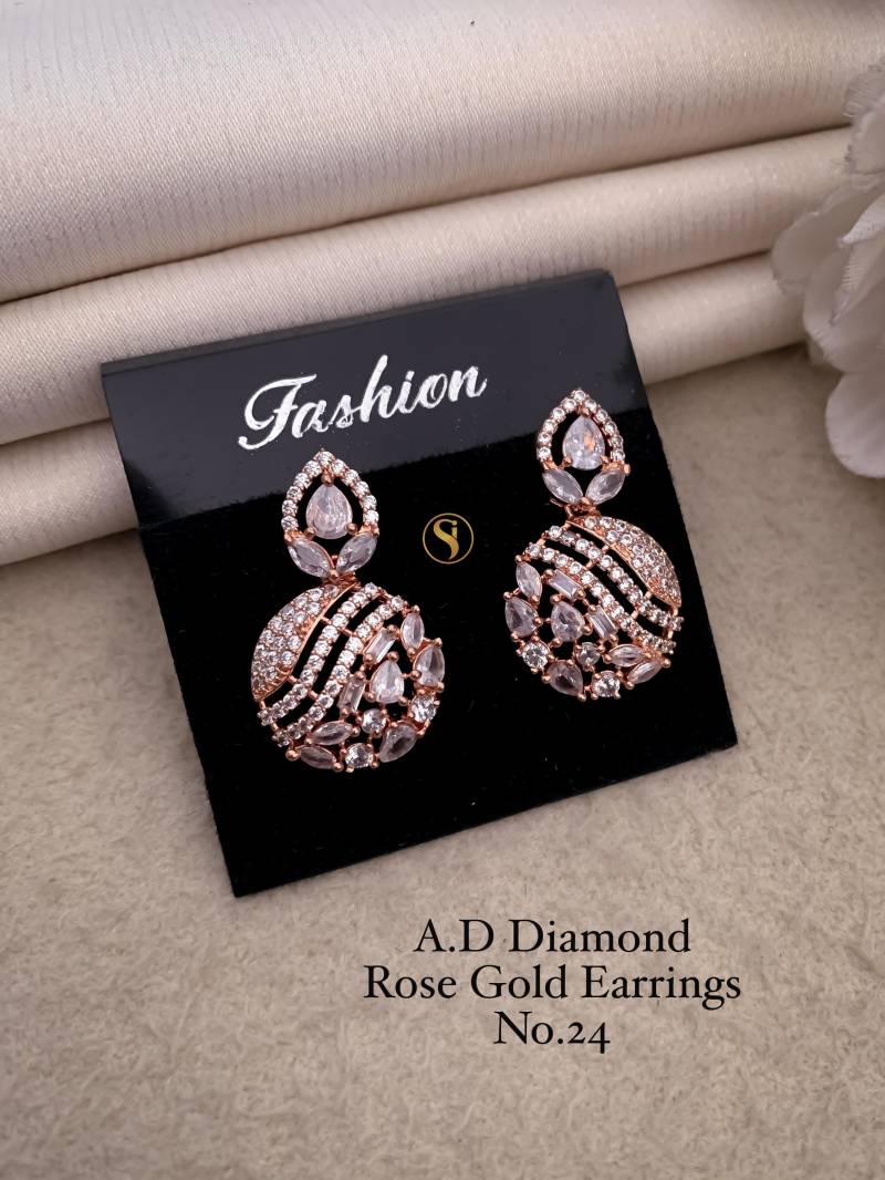 AD Diamond Silver And Rose Gold Earrings 9 (25 Pcs)