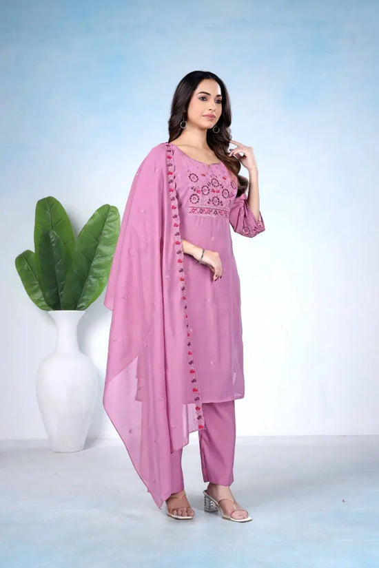 Amrah Wholesale Md 106 Mul Chanderi Embroidered Kurti Pant Dupatta Set