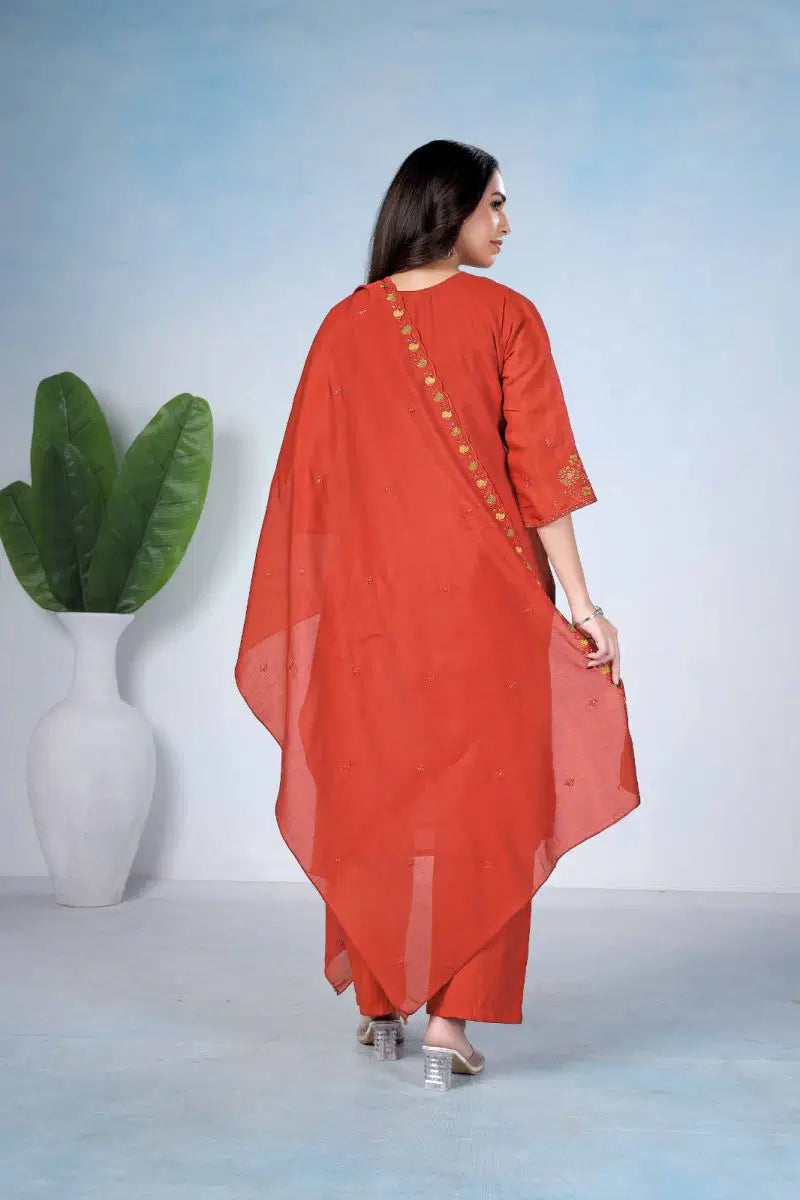 Amrah Wholesale Md 106 Mul Chanderi Embroidered Kurti Pant Dupatta Set