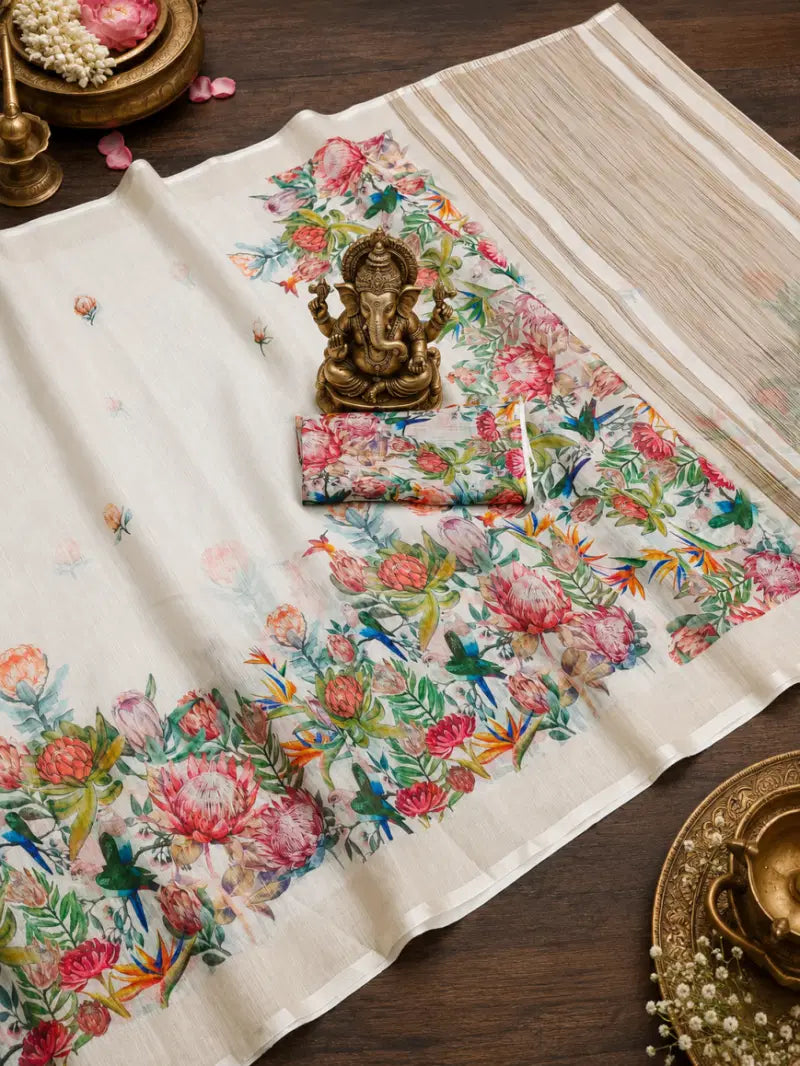 SCMG Flora H Soft Linen Floral Printed Saree Collection