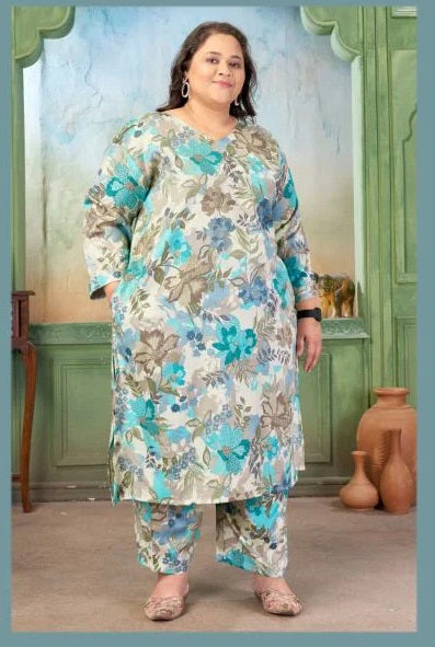 Moksh Plus Size Prisha D No 8722 Rayon Slub Printed Kurti Pant Set