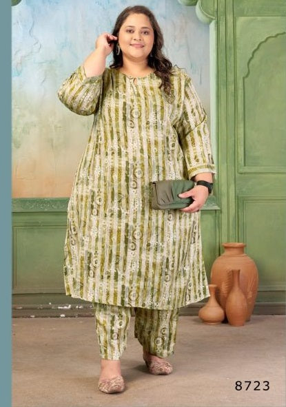 Moksh Plus Size Prisha D No 8723 Rayon Slub Print Kurti Pant Set