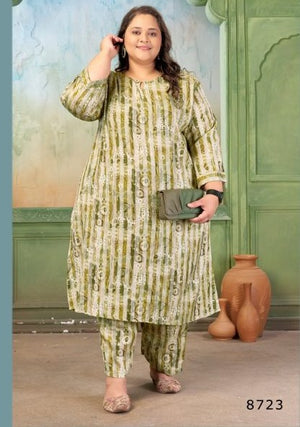 Moksh Plus Size Prisha D No 8723 Rayon Slub Print Kurti Pant Set