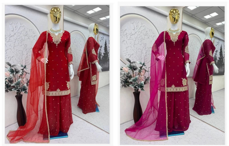Red traditional outfit with a dupatta on a white background | 5002 Beautiful Fandy Satin Embroidery Worked Kurti With Bottom Dupatta