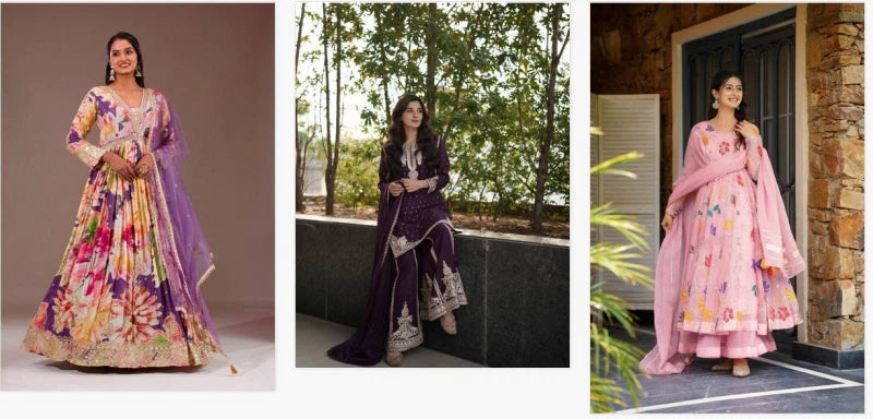 Three images of women wearing colorful traditional outfits in different settings. | 5012 Beautiful Star Georgette Embroidery Floral Worked Anarkali Kurti Collection