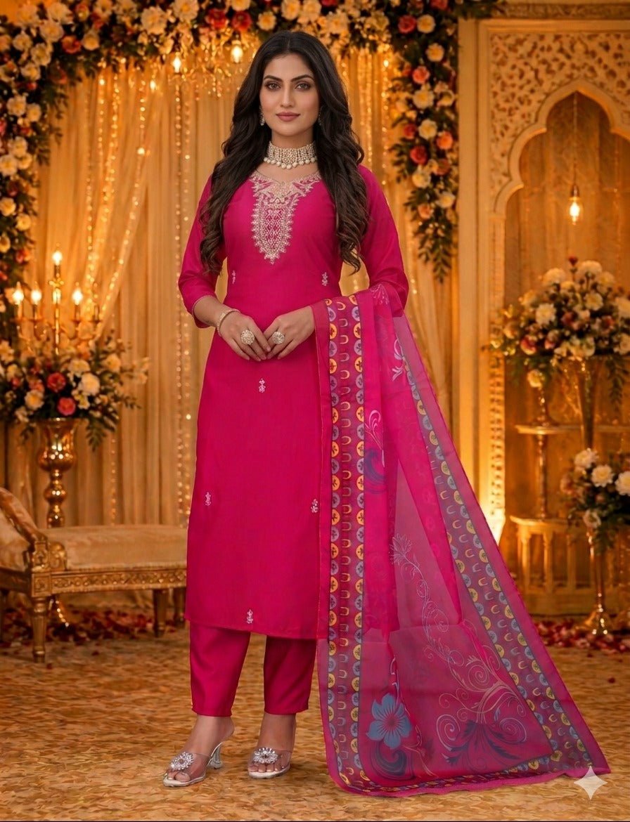 9Star Moon Hit Cotton Blend Embroidered Kurti Pant Dupatta Set - Amrah Wholesale
