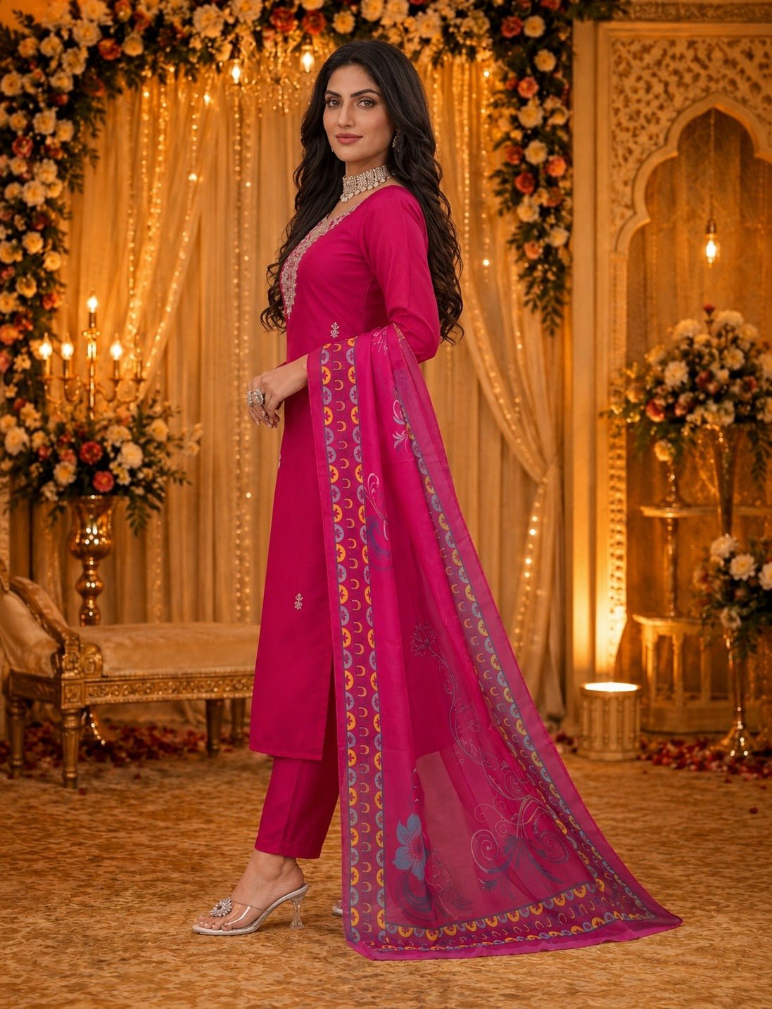 9Star Moon Hit Cotton Blend Embroidered Kurti Pant Dupatta Set - Amrah Wholesale