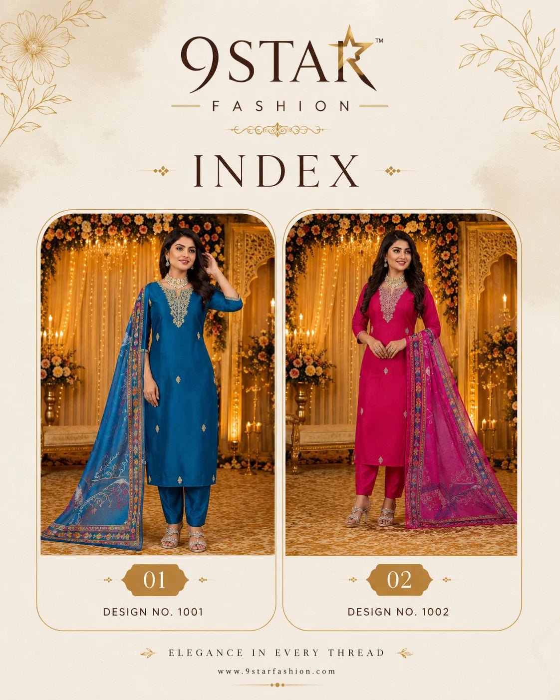 9Star Moon Hit Cotton Blend Embroidered Kurti Pant Dupatta Set - Amrah Wholesale