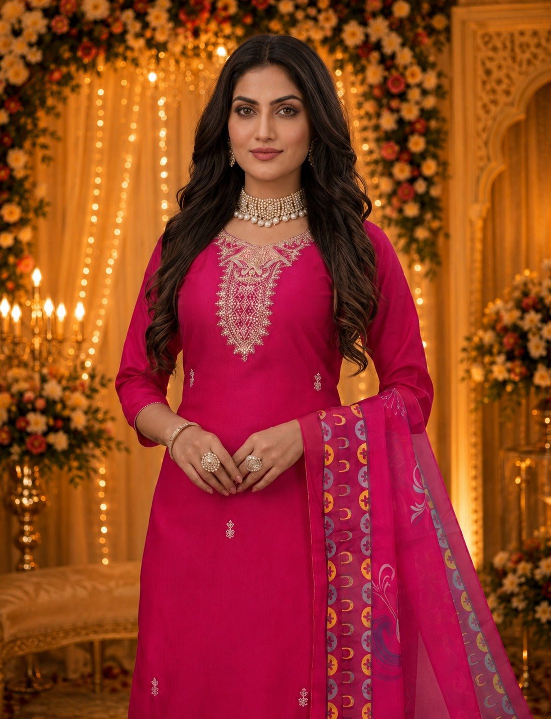 9Star Moon Hit Cotton Blend Embroidered Kurti Pant Dupatta Set - Amrah Wholesale