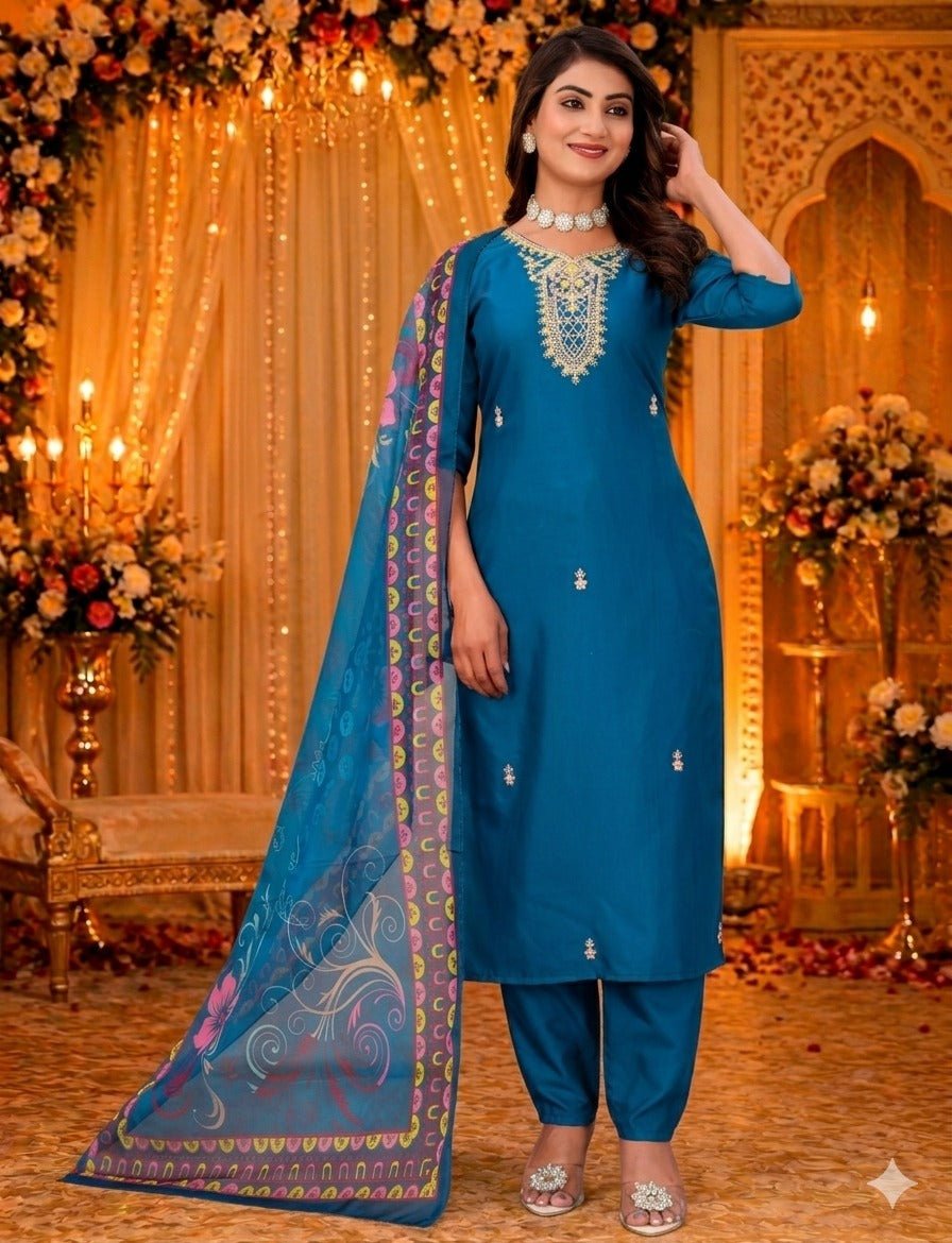 9Star Moon Hit Cotton Blend Embroidered Kurti Pant Dupatta Set - Amrah Wholesale