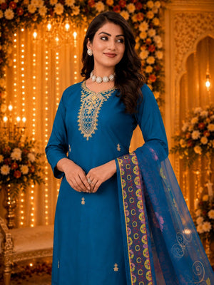 9Star Moon Hit Cotton Blend Embroidered Kurti Pant Dupatta Set - Amrah Wholesale