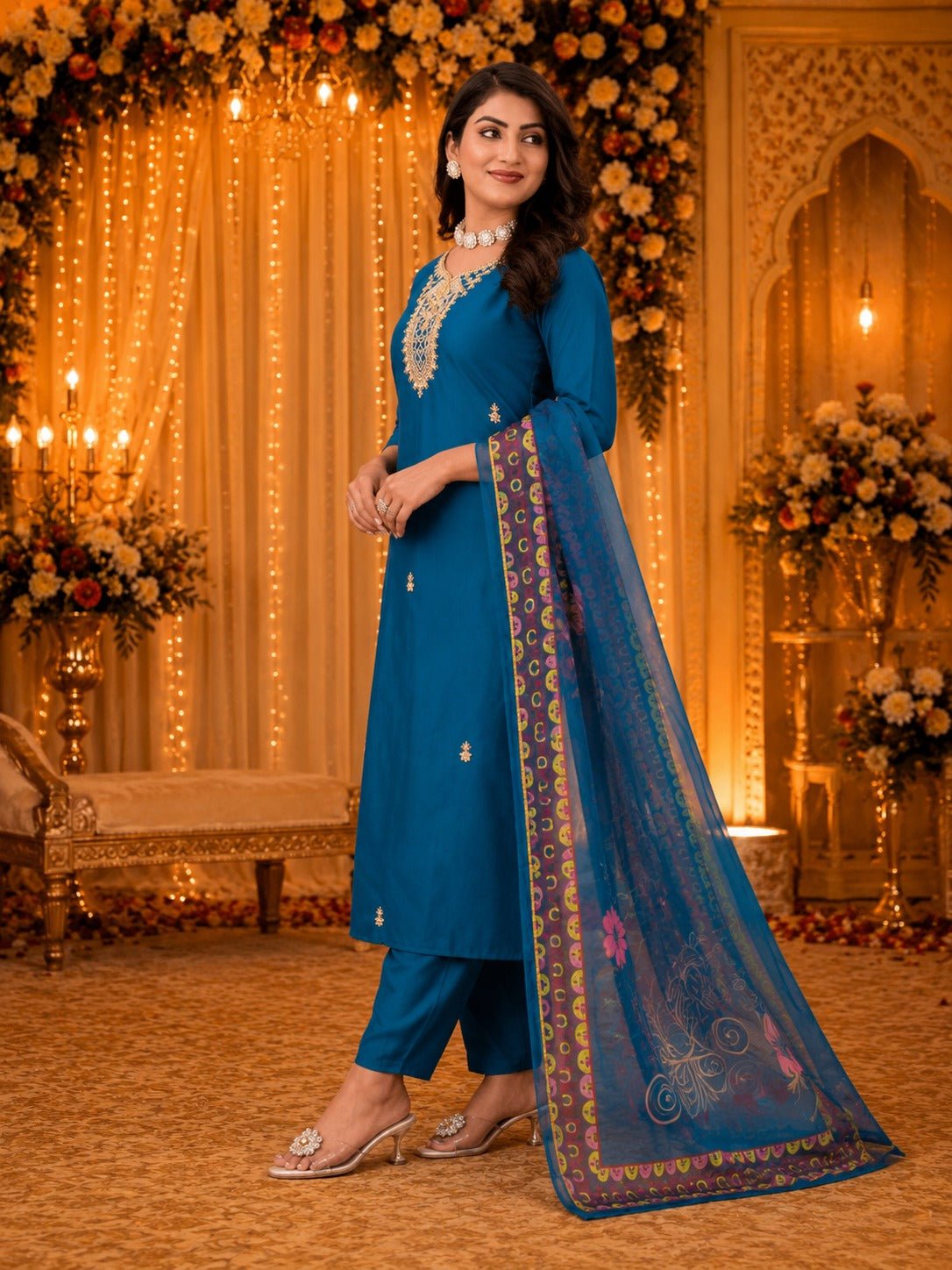 9Star Moon Hit Cotton Blend Embroidered Kurti Pant Dupatta Set - Amrah Wholesale