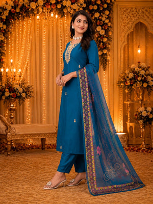 9Star Moon Hit Cotton Blend Embroidered Kurti Pant Dupatta Set - Amrah Wholesale