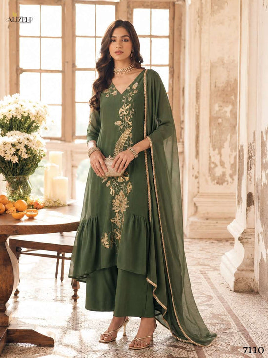 Alizeh 7110 To 7113 Mal Chanderi Embroidery Stitched Dress Set