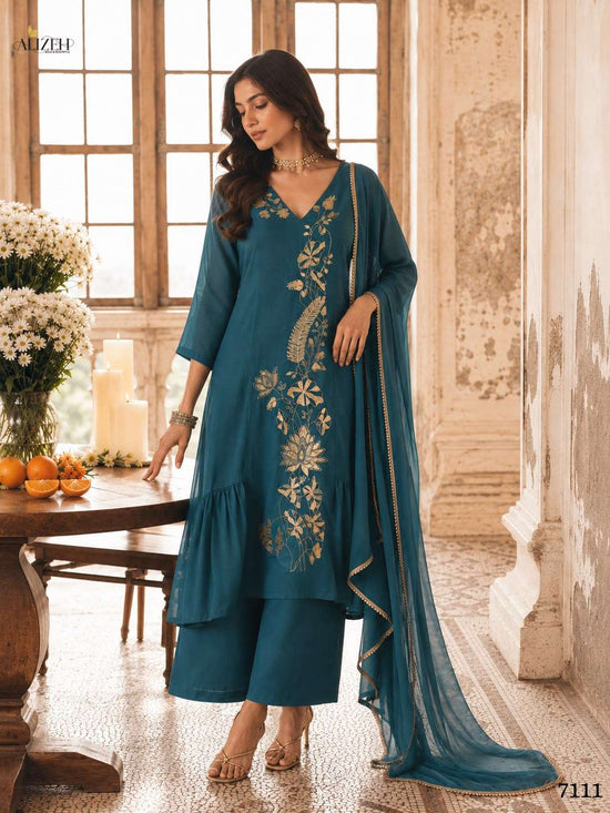 Alizeh 7110 To 7113 Mal Chanderi Embroidery Stitched Dress Set