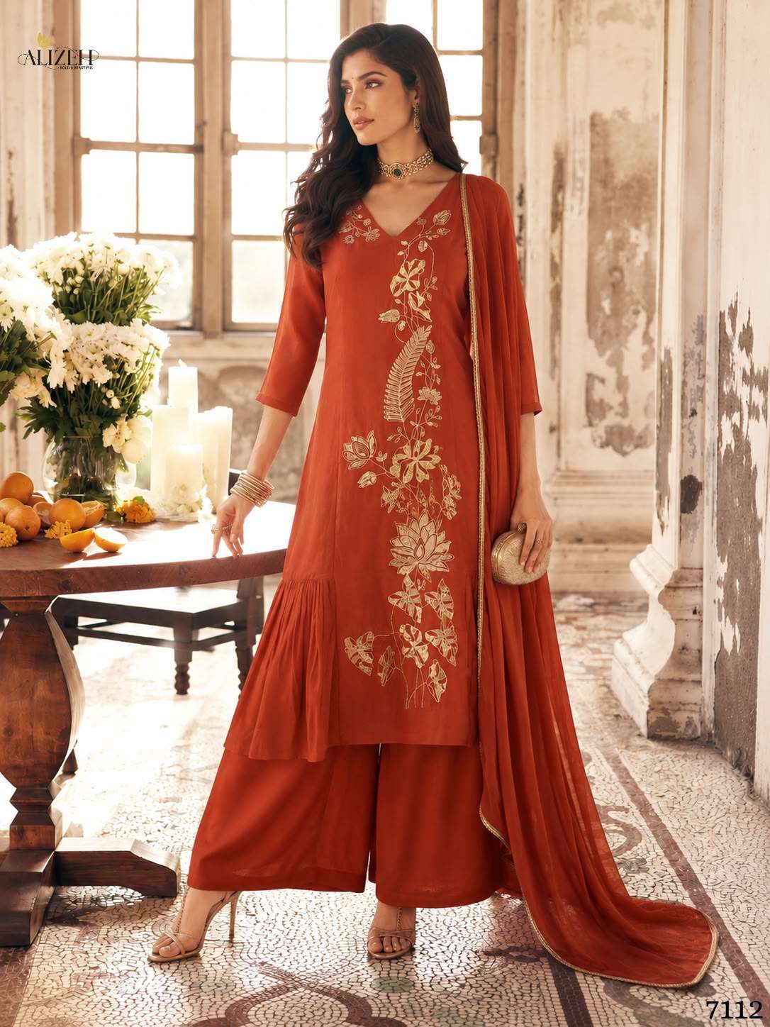 Alizeh 7110 To 7113 Mal Chanderi Embroidery Stitched Dress Set