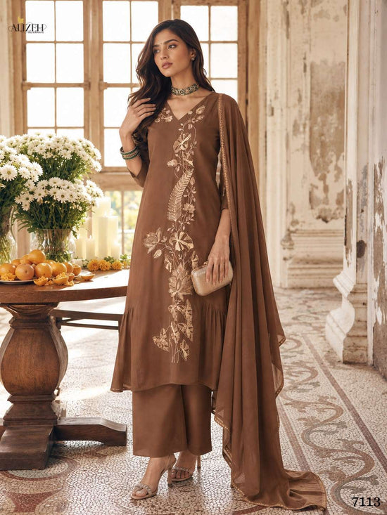 Alizeh 7110 To 7113 Mal Chanderi Embroidery Stitched Dress Set
