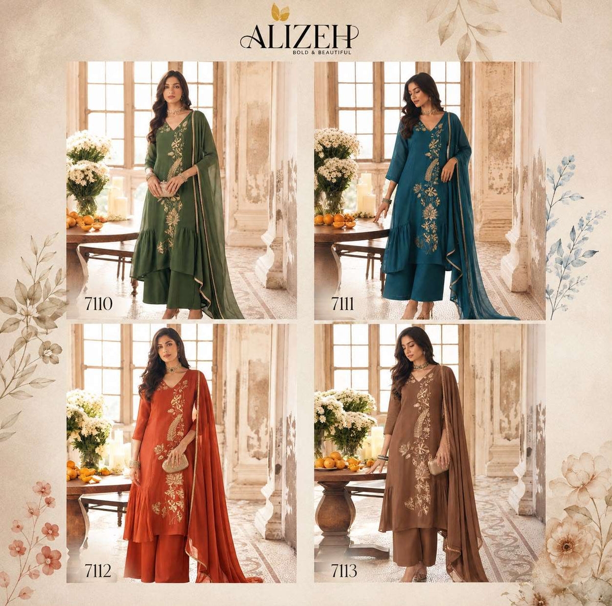 Alizeh 7110 To 7113 Mal Chanderi Embroidery Stitched Dress Set