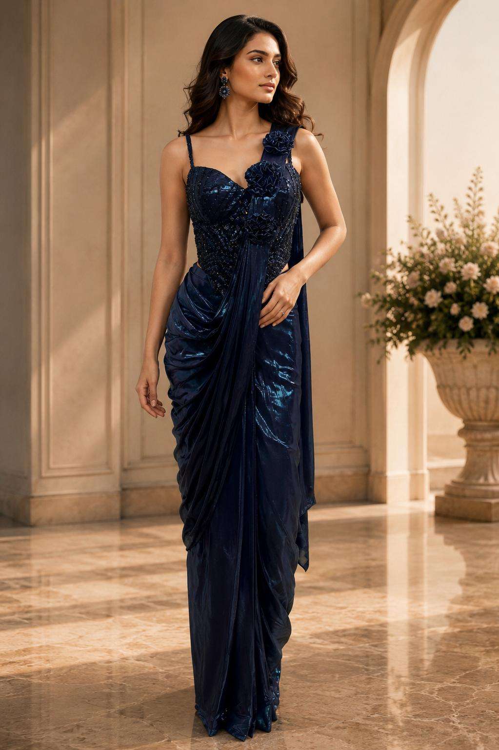 Amoha Trendz A-570 Fancy Embroidery Stitched Ready To Wear Saree