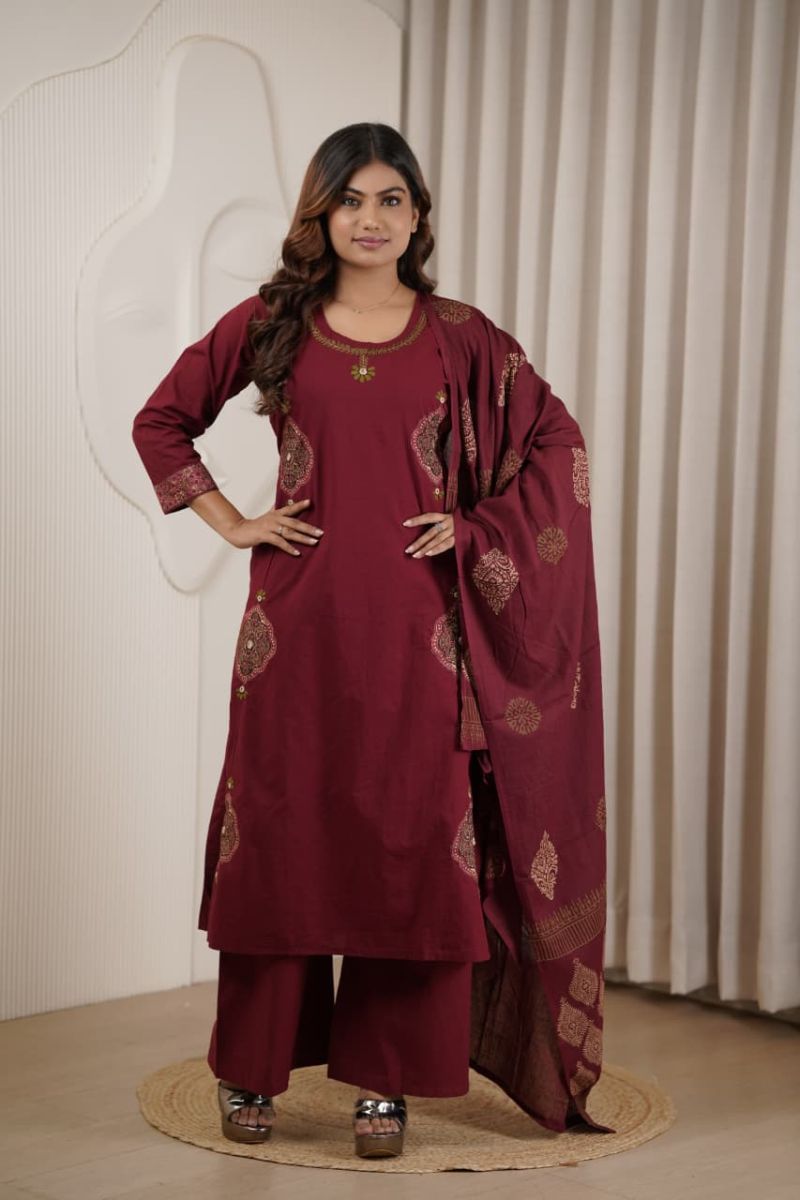 Amrah Wholesale Naisha K 1145 Dhabu Cotton Manual Work Kurti Pant Dupatta Set