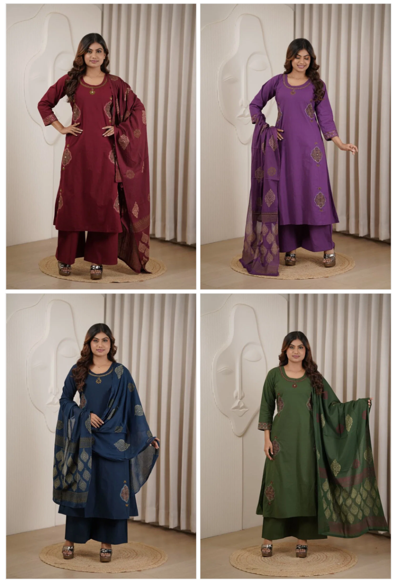 Amrah Wholesale Naisha K 1145 Dhabu Cotton Manual Work Kurti Pant Dupatta Set