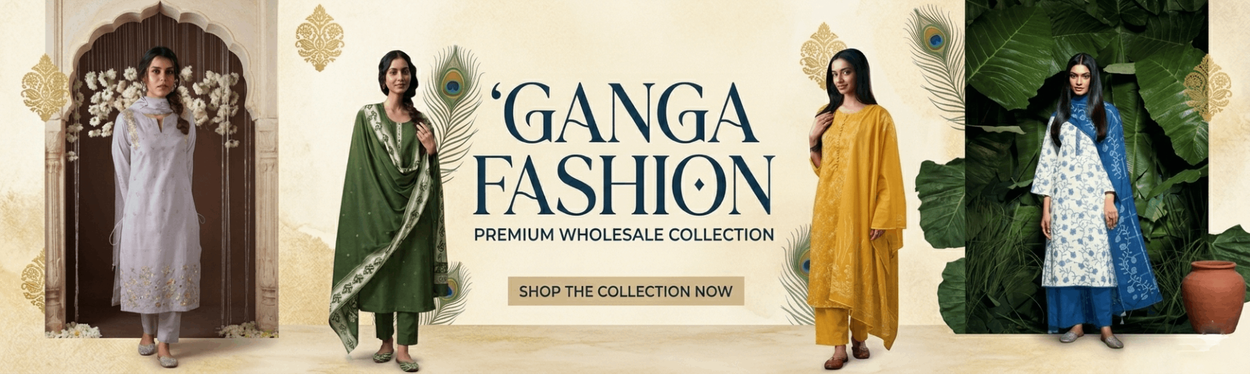 Ganga Fashion advertisement with models wearing traditional attire against a decorative background. | Ganga Suits Wholesale Online