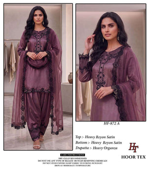 Hoor Tex HF-872 Rayon Satin Embroidered Stitched Salwar Suit Set Wholesale