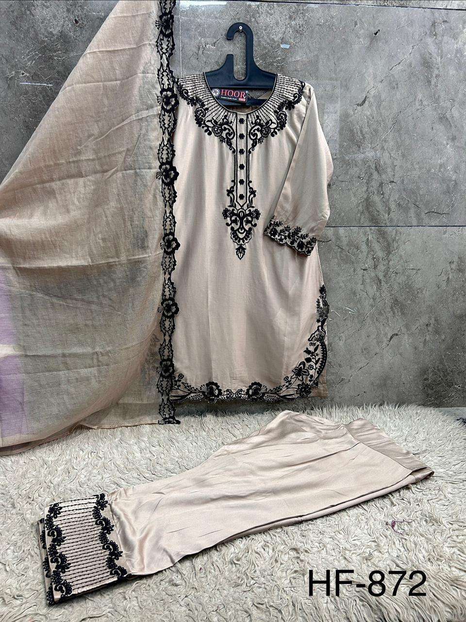 Hoor Tex HF-872 Rayon Satin Embroidered Stitched Salwar Suit Set Wholesale