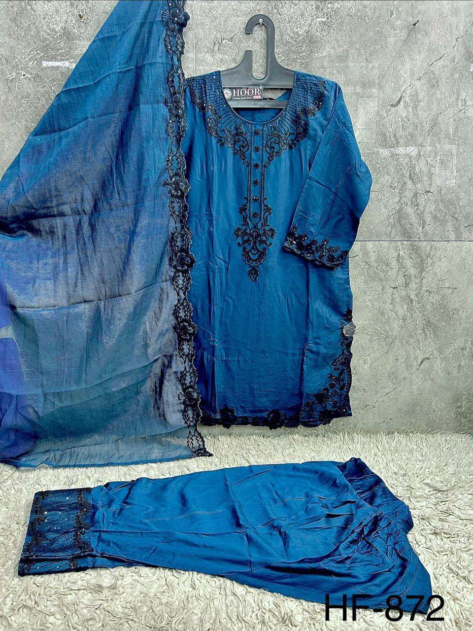Hoor Tex HF-872 Rayon Satin Embroidered Stitched Salwar Suit Set Wholesale