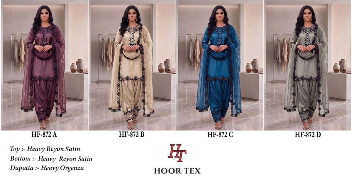 Hoor Tex HF-872 Rayon Satin Embroidered Stitched Salwar Suit Set Wholesale