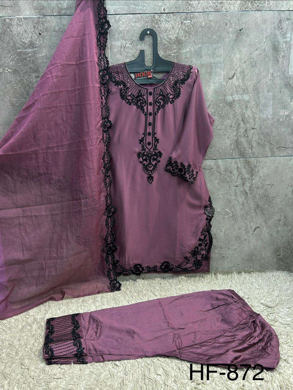 Hoor Tex HF-872 Rayon Satin Embroidered Stitched Salwar Suit Set Wholesale