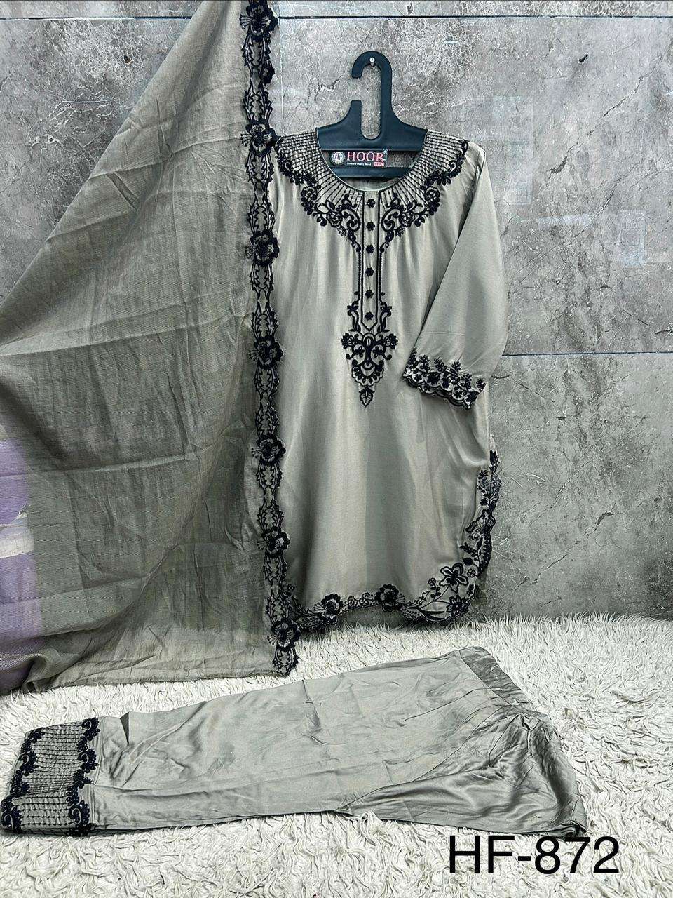 Hoor Tex HF-872 Rayon Satin Embroidered Stitched Salwar Suit Set Wholesale